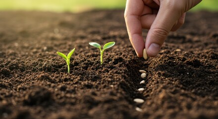 Hand planting seeds Nurturing growth with care, planting a new beginning, in a field of fertile soil