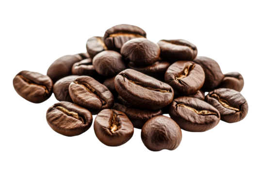 Heap of roasted coffee beans showcasing rich color and texture in close up with well-defined details and an appealing natural sheen