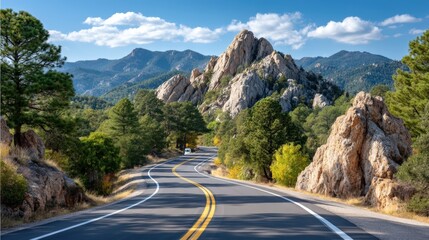 Naklejka premium Scenic Mountain Road with Rocky Outcrops and Lush Greenery