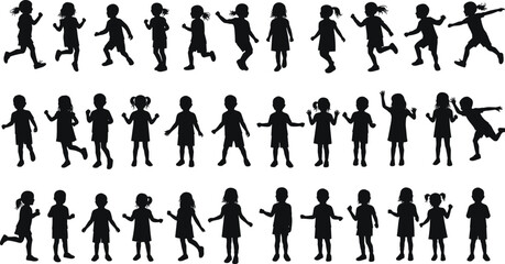 Silhouette vector of kids walking, running, and playing in various joyful poses, ideal for school, activity, or childhood concepts.