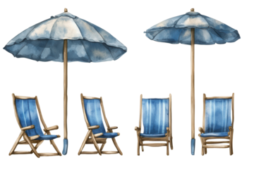 Deck chairs and blue umbrellas arranged for relaxation on a sunny beach setting inviting visitors for a day of leisure and sunbathing