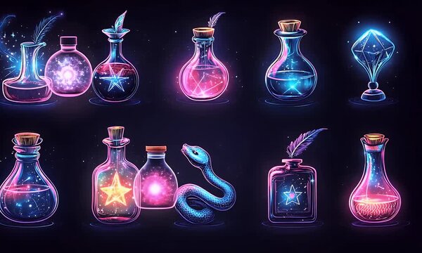 Magic potion bottles glowing with neon colors in various shapes and with mystical contents