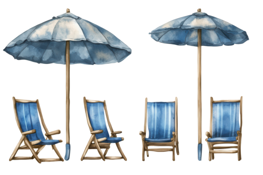Deck chairs and blue umbrellas arranged for relaxation on a sunny beach setting inviting visitors for a day of leisure and sunbathing