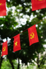 Hanging Vietnamese national flag displayed to celebrate the 80th anniversary of Vietnam National Day, September 2, 2025, marking the historic milestone with the A80 military parade in Hanoi. 