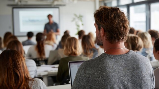 Business coach engaging audience in a seminar focused on personal development and professional growth in a modern setting