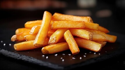 Golden crispy French fries sprinkled with coarse salt on a dark slate plate, showcasing a tempting and savory snack