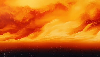 Fototapeta premium Vivid fiery orange and yellow swirling clouds above a dark horizon glowing with numerous small bright embers creating a dramatic and intense atmosphere