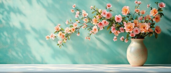Delicate peach-colored flowers arranged in a cream vase sitting on a white wooden surface with shadows cast against a textured teal wall