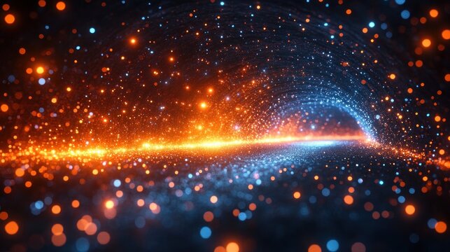 Abstract glowing particles creating a tunnel effect with warm orange and cool blue lights forming a dynamic and vibrant space scene