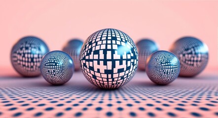 Shiny blue and white patterned spheres arranged on a reflective surface with a soft pink background evoking a modern, abstract, and futuristic atmosphere