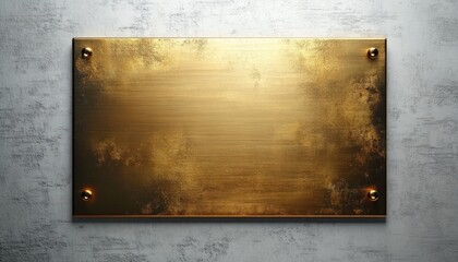 Close-up of a worn and tarnished rectangular brass plaque mounted on a textured gray concrete wall with four visible screws in each corner