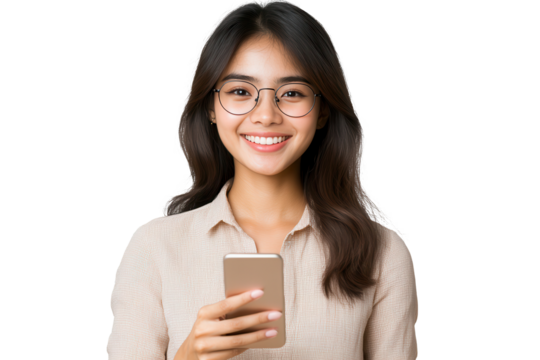 Thai woman smiles while holding a mobile phone in a casual setting, showcasing her joyful personality and connection to technology