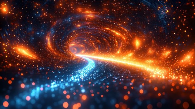 Swirling tunnel of glowing orange and blue particles creating a dynamic space filled with vibrant light and energy