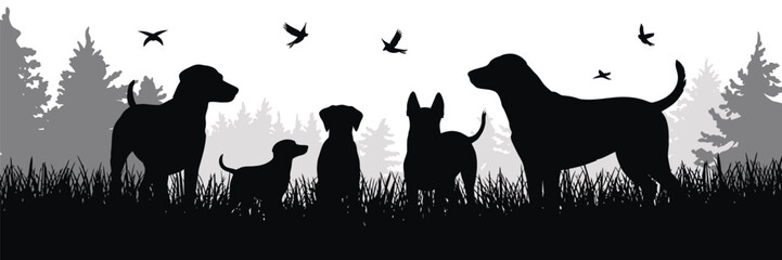 Vector Dog Silhouettes Playing in Grass – Black Pet Figures in Park Scene – Outdoor Animal Illustration for Nature, Fun, and Minimal Graphic Design Projects