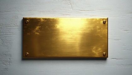rectangular polished brass plaque mounted on a textured white wall reflecting light with subtle scratches and secured by four rivets in each corner