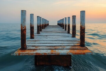 Rusted wooden pier extending into calm ocean waters under a soft pastel sunset sky evoking tranquility and peaceful solitude