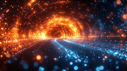 Obraz premium Glowing tunnel with swirling orange and blue light particles creating a dynamic and vibrant futuristic atmosphere