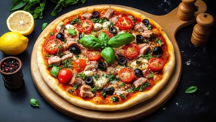 Fresh homemade pizza topped with basil leaves, black olives, cherry tomatoes, chunks of meat, and melted cheese on a wooden serving board with lemons and pepper shakers around