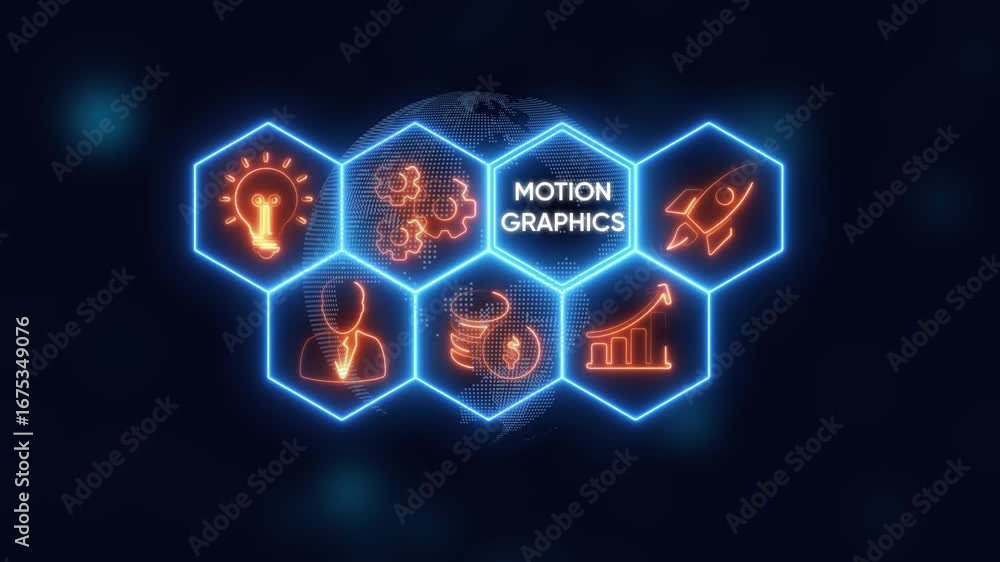 Aufkleber motion graphics concept with glowing neon icons in hexagons on a digital globe background technology