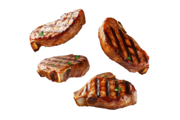 Grilled pork chop steaks served on a rustic wooden table with herbs and spices for a savory outdoor dining experience