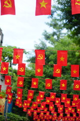 Hanging Vietnamese national flag displayed to celebrate the 80th anniversary of Vietnam National Day, September 2, 2025, marking the historic milestone with the A80 military parade in Hanoi. 