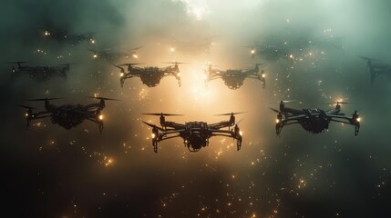 Futuristic swarm of drones flying through a glowing, smoky environment emitting bright sparks, creating a mysterious and high-tech atmosphere