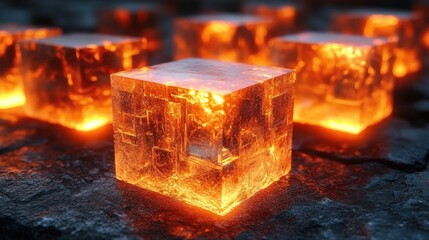 Glowing translucent cubes emitting warm orange light resting on a dark textured surface creating a futuristic and mystical atmosphere