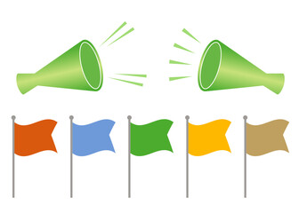 メガホンと旗のセットです。スポーツイベントやセールのチラシなどに重宝するイラストです。