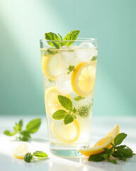 Fototapeta premium Refreshing Glass of Iced Lemon Water with Mint