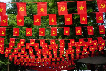Hanging Vietnamese national flag displayed to celebrate the 80th anniversary of Vietnam National Day, September 2, 2025, marking the historic milestone with the A80 military parade in Hanoi. 