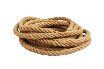 Coiled natural fiber rope placed on isolated background for crafting, sailing, and outdoor activities in a clear setting