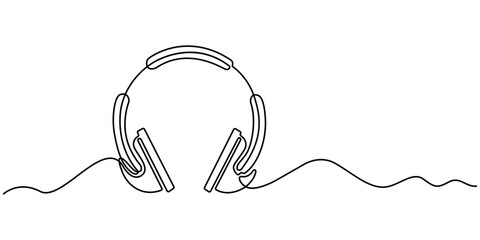 Headphones one line drawing minimalist vector outline isolated illustration. Continuous line drawing of headphones on a white background showcasing minimalist design and simplicity