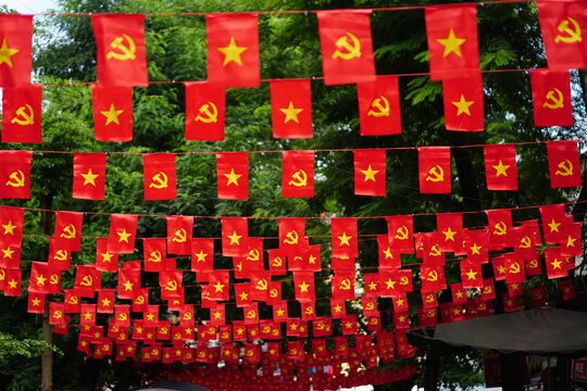 Hanging Vietnamese national flag displayed to celebrate the 80th anniversary of Vietnam National Day, September 2, 2025, marking the historic milestone with the A80 military parade in Hanoi. 