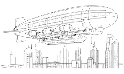 Futuristic Airship Flying Above a Modern City Skyline Line Art
