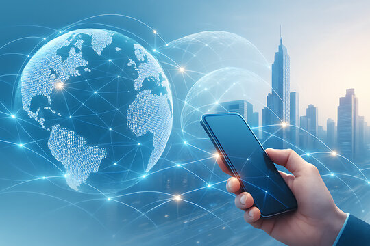 Digital technology smartphone with glowing world map and futuristic wireless global network communication concept