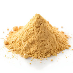 Maca root powder heap isolated on white background, showcasing its fine beige texture and natural
