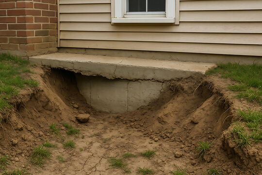 Exposed house foundation with soil washed away representing erosion drainage and home construction damage