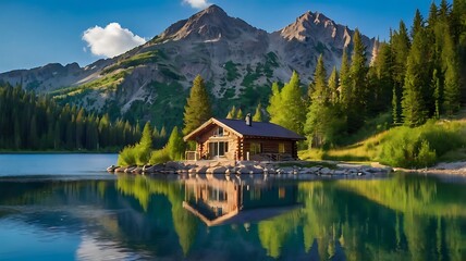 Fototapeta premium Cozy wooden cabin nestled on a serene lake surrounded by majestic pine forest and mountains