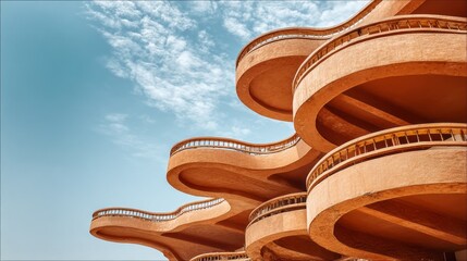 Abstract concrete building corner showcases unique architectural design under a bright sky