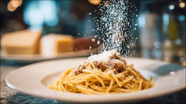 Close-up of Spaghetti with Parmesan Cheese Being Grated on Top in a Restaurant Setting, Food Photography.