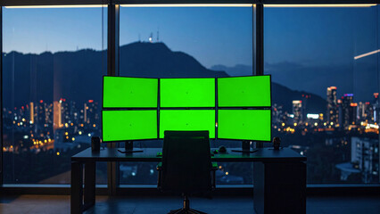 Obraz premium Night Cityscape View from Modern Office with Multiple Green Screens