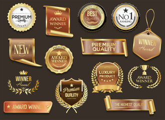 Award Winner emblem collection of gold laurel wreath and badges and labels isolated on black background 