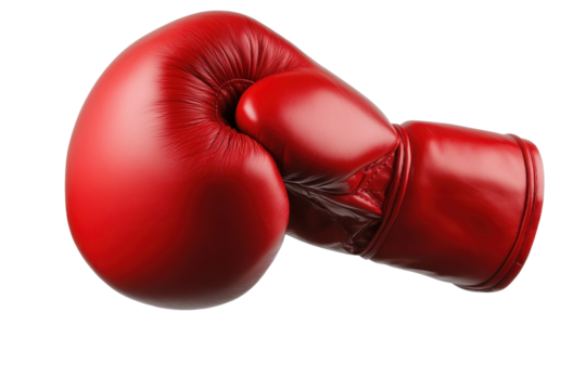 Red boxing glove isolated on a white background showcasing its glossy finish and unique design suitable for training and professional use in martial arts and boxing contexts