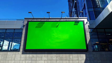 Blank green billboard on a modern building exterior, ready for advertisement and digital signage