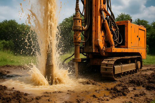 Industrial water drilling machine spraying ground water during natural resource extraction in muddy environment