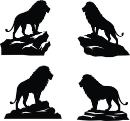 King of the jungle silhouette, majestic lion standing on a rock, powerful wild animal, black and white flat vector illustration. © Arman Creatives