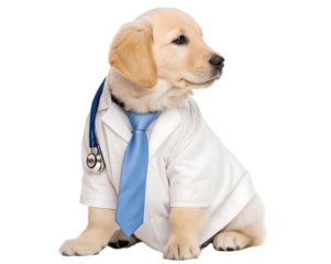 A golden retriever puppy dressed as a doctor with a stethoscope and a blue tie sitting down looking left