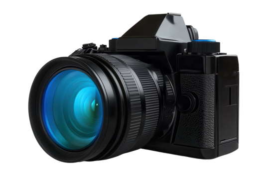 Black camera with blue lens showcased in low resolution on a plain background