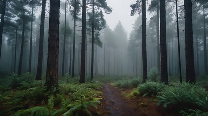 Mysterious foggy pine forest path with lush green undergrowth and tall trees