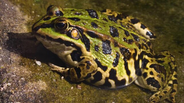 Close up of a frog relaxing in sand and breathing on a sunny day